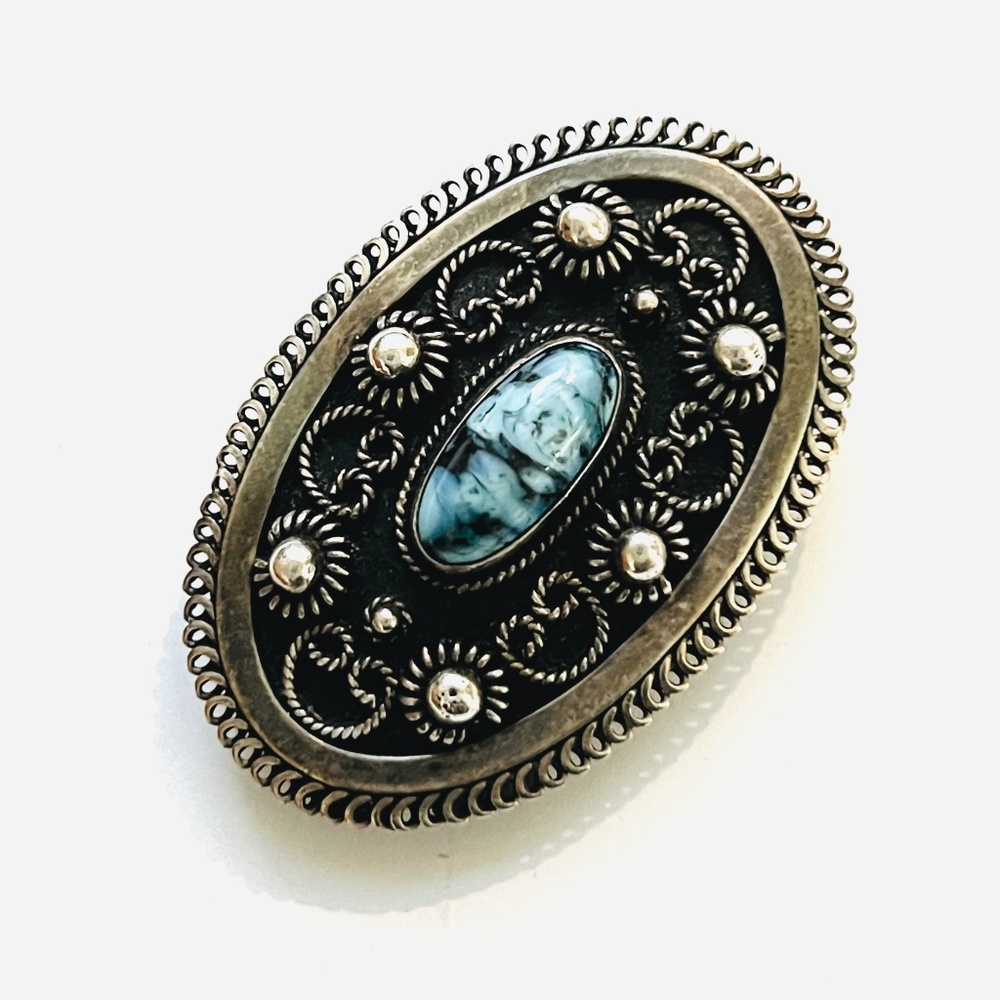 Midcentury 1940's Silver Filagree Brooch - Set with Blue stone